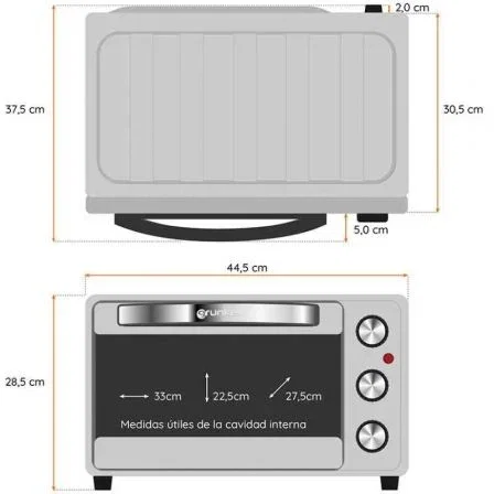 Grunkel Horno Eléctrico de Sobremesa Multifunción HR-23SILVER, 23 Litros, 1600W, 3 Funciones de Calor, 230°C, Color Plata con Detalles Inox